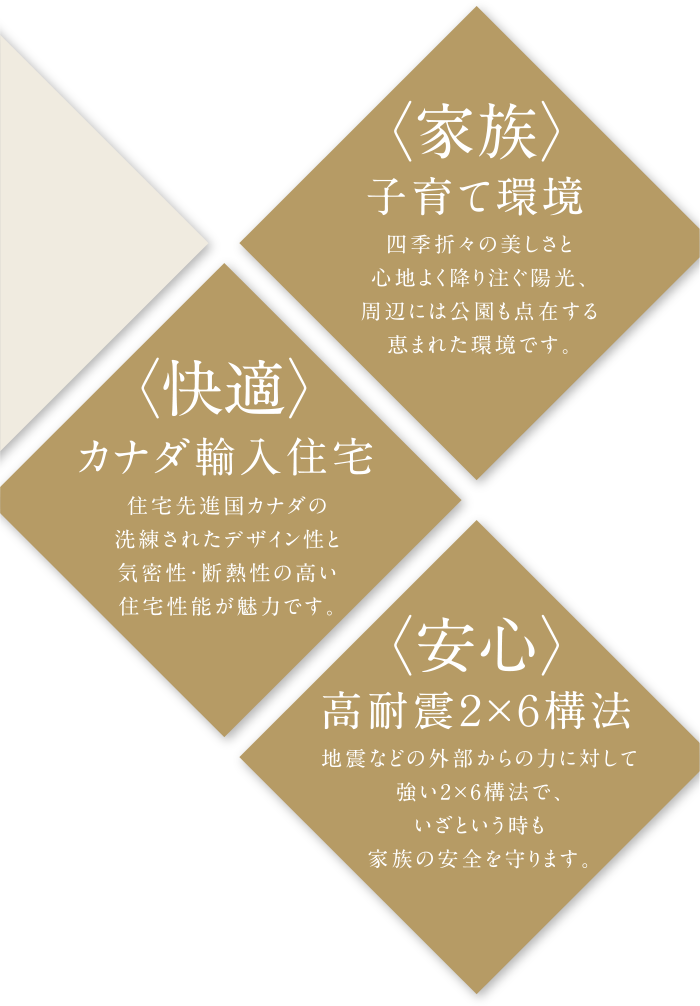 〈家族〉子育て環境
四季折々の美しさと心地よく降り注ぐ陽光、周辺には公園も点在する恵まれた環境です。
〈快適〉カナダ輸入住宅
住宅先進国カナダの洗練されたデザイン性と気密性・断熱性の高い住宅性能が魅力です。
〈安心〉高耐震2×6構法
地震などの外部からの力に対して強い2×6構法で、いざという時も家族の安全を守ります。
