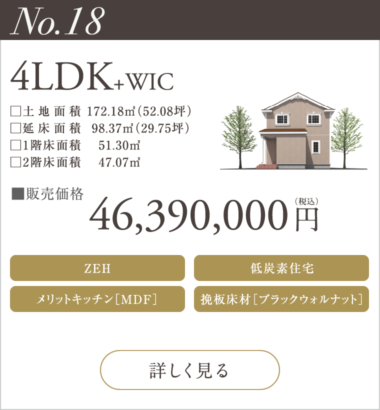 【No.18】4LDK+WIC
46,390,000円（税込）
ZEH
メリットキッチン［MDF］
低炭素住宅
挽板床材［ブラックウォルナット］