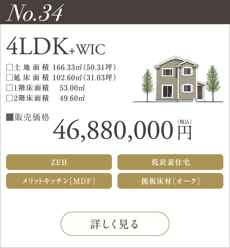 【No.34】4LDK+WIC
46,880,000円（税込）
ZEH
メリットキッチン［MDF］
低炭素住宅
挽板床材［オーク］