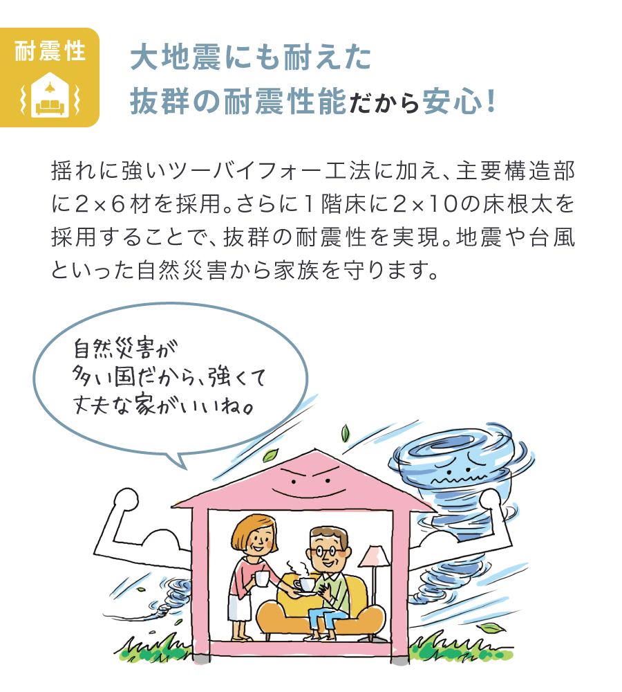 【耐震性】大地震にも耐えた抜群の耐震性能だから安心！
揺れに強いツーバイフォー工法に加え、主要構造部に２×６材を採用。さらに１階床に２×10の床根太を採用することで、抜群の耐震性を実現。地震や台風といった自然災害から家族を守ります。